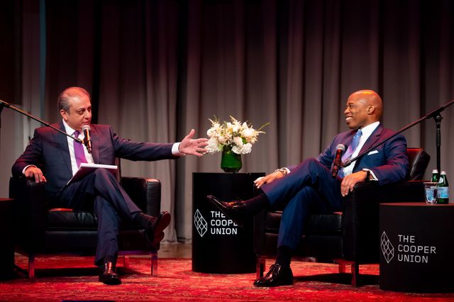 Mayor Eric Adams and former U.S. Attorney Preet Bharara in conversation at Cooper Union